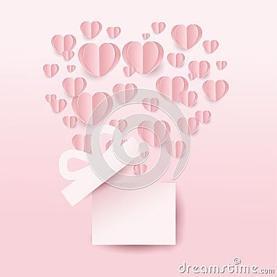 Valentineâ€™s gift box and hearts flying, heart shape on pink background. paper cut style. Vector illustration Cartoon Illustration